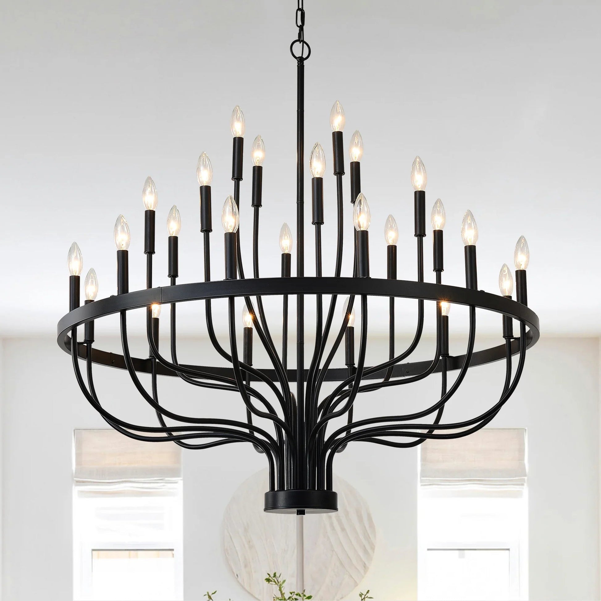 24-Light Industrial Candle Chandelier | Black Farmhouse Pendant Light Fixture for Dining Room, Living Room & Foyer — 39.4" Wide