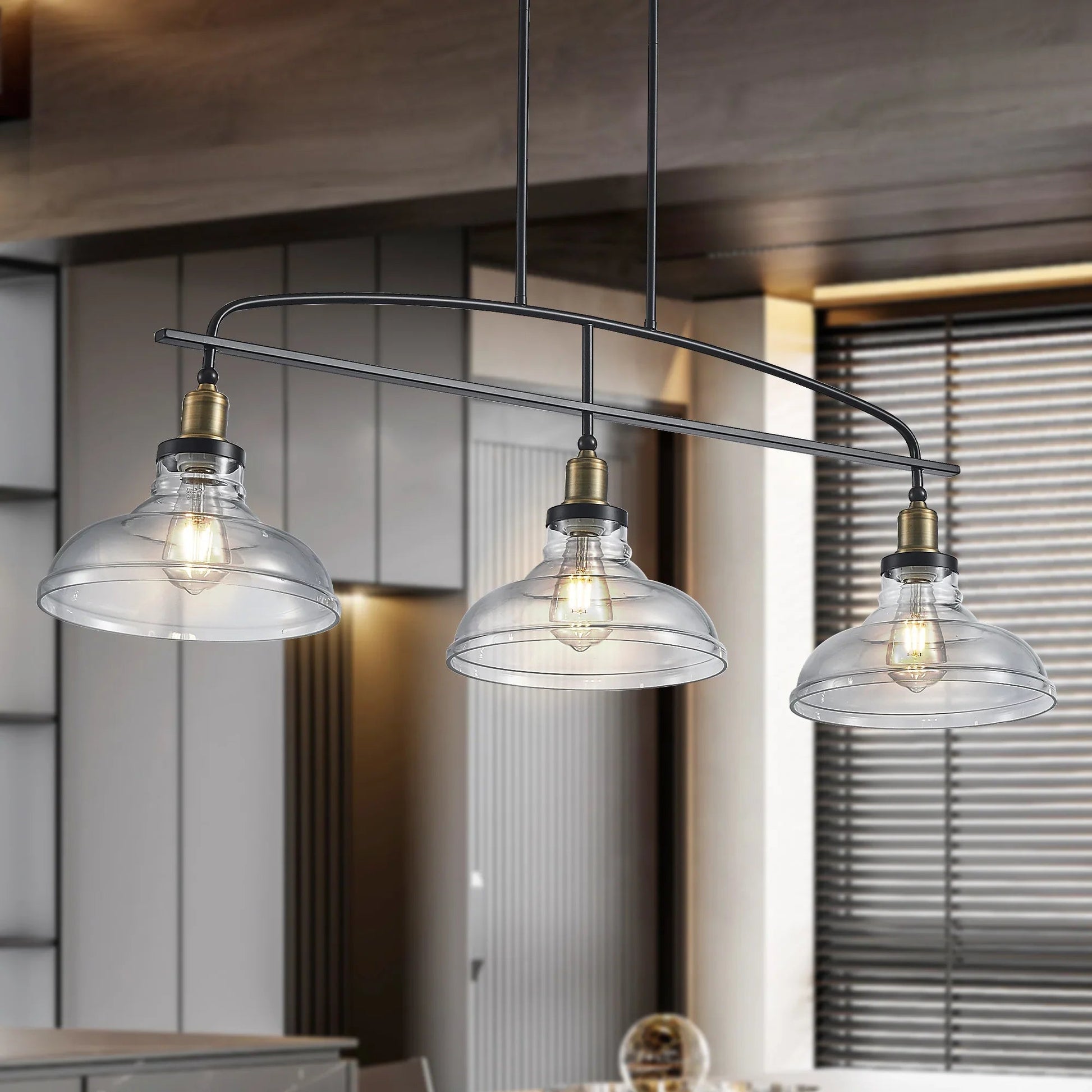 45" Industrial 3-Light Pendant Chandelier | Black Metal & Clear Glass Farmhouse Ceiling Light — Adjustable Height, E26 Compatible