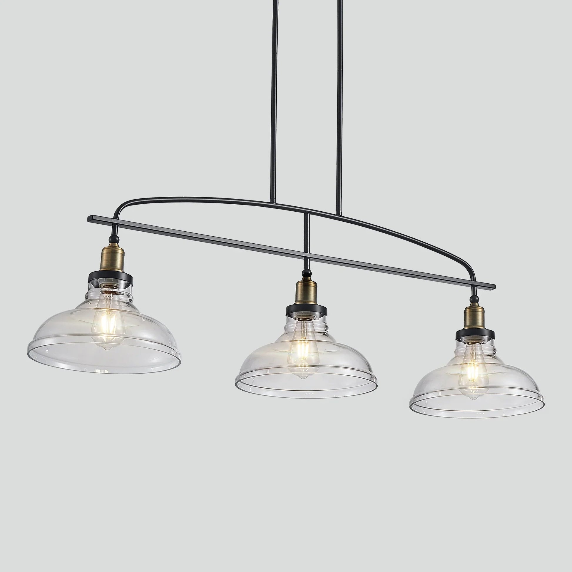 45" Industrial 3-Light Pendant Chandelier | Black Metal & Clear Glass Farmhouse Ceiling Light — Adjustable Height, E26 Compatible