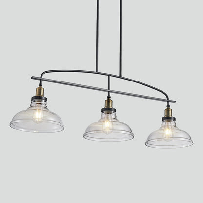 45" Industrial 3-Light Pendant Chandelier | Black Metal & Clear Glass Farmhouse Ceiling Light — Adjustable Height, E26 Compatible