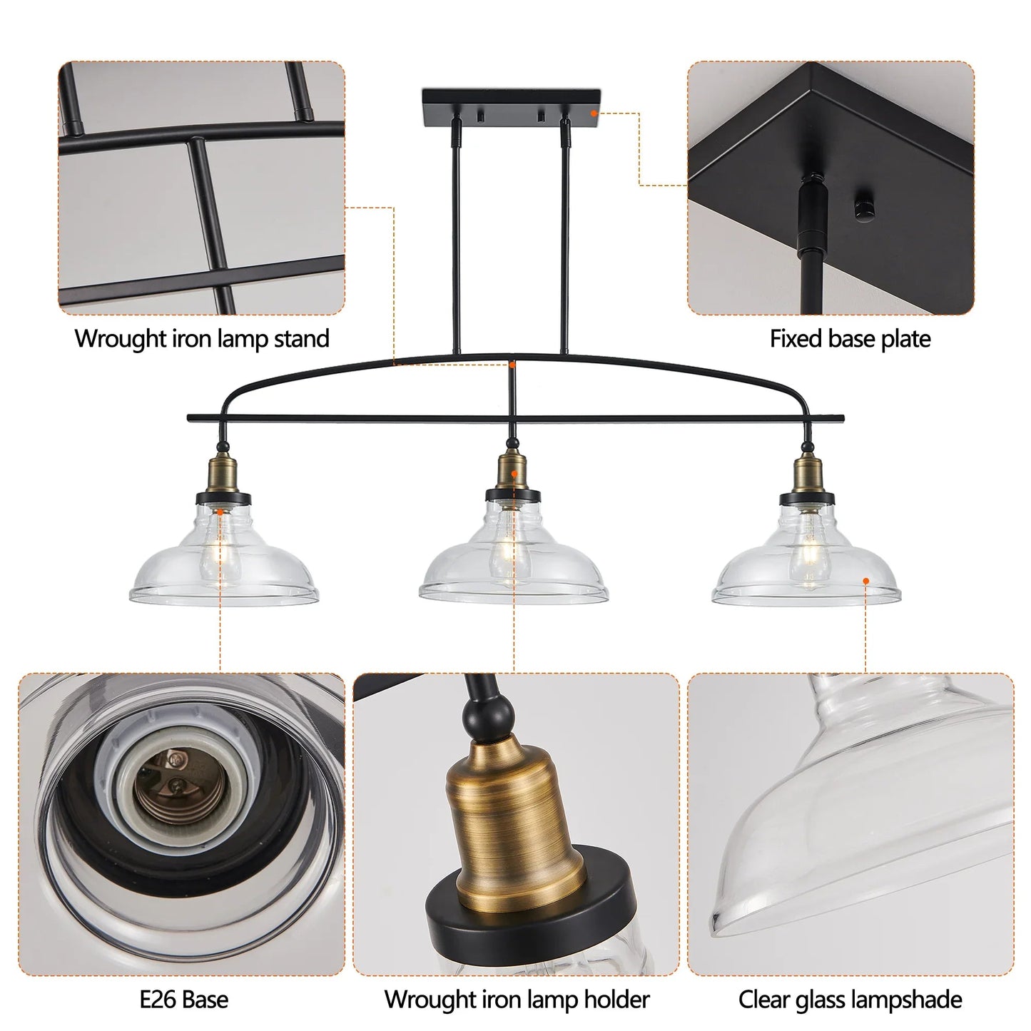 45" Industrial 3-Light Pendant Chandelier | Black Metal & Clear Glass Farmhouse Ceiling Light — Adjustable Height, E26 Compatible