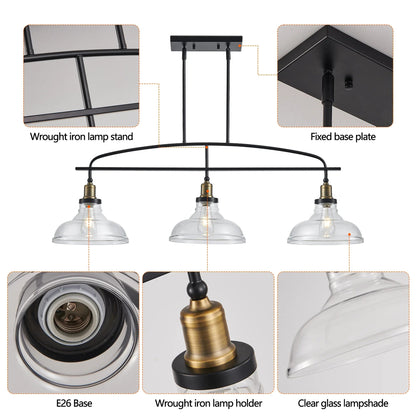 45" Industrial 3-Light Pendant Chandelier | Black Metal & Clear Glass Farmhouse Ceiling Light — Adjustable Height, E26 Compatible