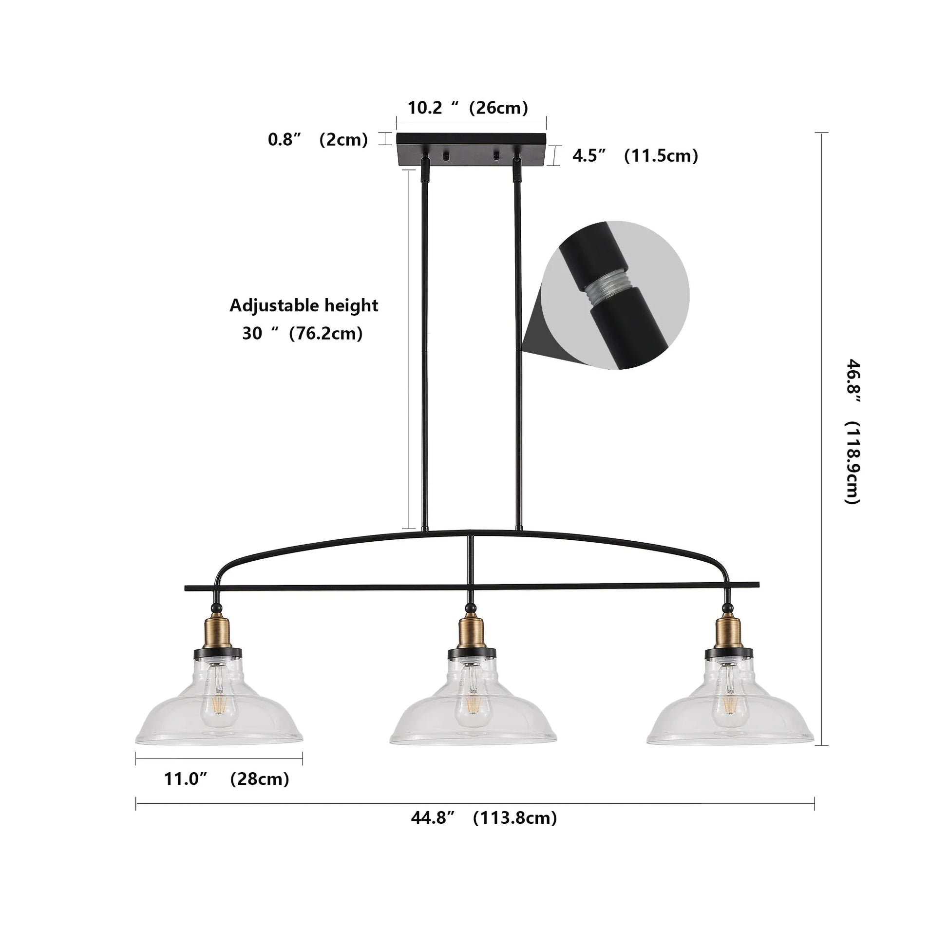 45" Industrial 3-Light Pendant Chandelier | Black Metal & Clear Glass Farmhouse Ceiling Light — Adjustable Height, E26 Compatible