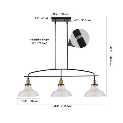 45" Industrial 3-Light Pendant Chandelier | Black Metal & Clear Glass Farmhouse Ceiling Light — Adjustable Height, E26 Compatible