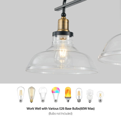 45" Industrial 3-Light Pendant Chandelier | Black Metal & Clear Glass Farmhouse Ceiling Light — Adjustable Height, E26 Compatible