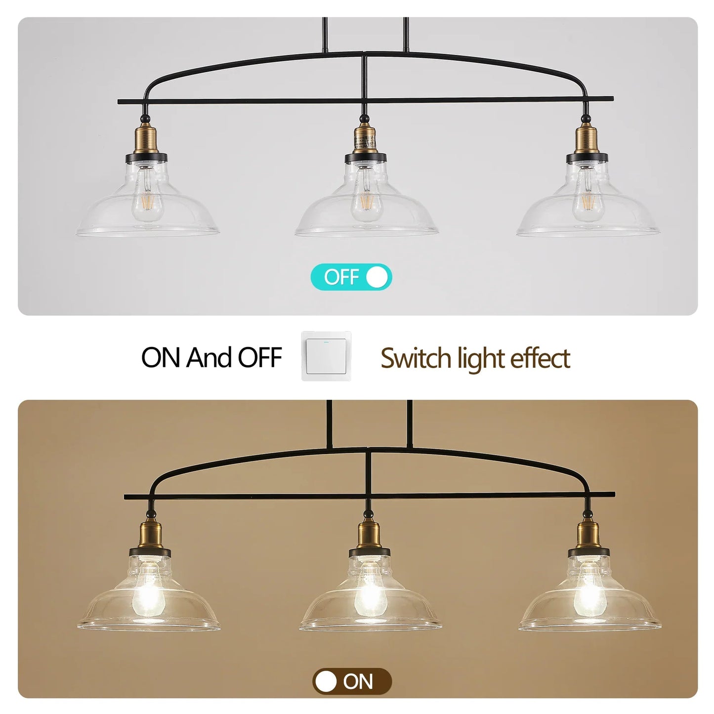 45" Industrial 3-Light Pendant Chandelier | Black Metal & Clear Glass Farmhouse Ceiling Light — Adjustable Height, E26 Compatible