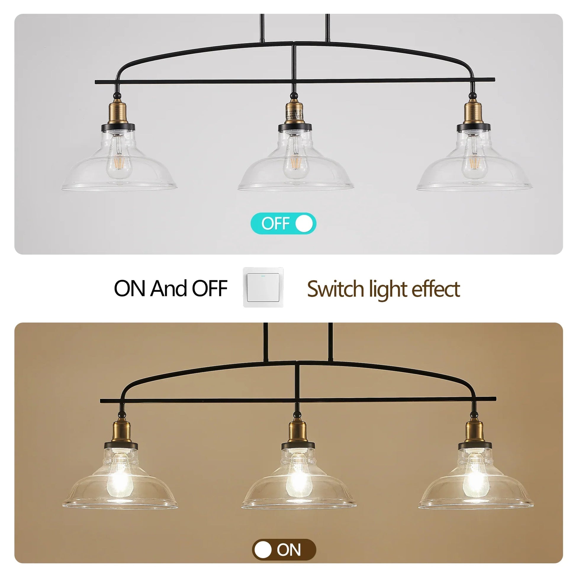 45" Industrial 3-Light Pendant Chandelier | Black Metal & Clear Glass Farmhouse Ceiling Light — Adjustable Height, E26 Compatible