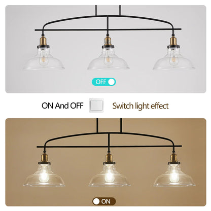 45" Industrial 3-Light Pendant Chandelier | Black Metal & Clear Glass Farmhouse Ceiling Light — Adjustable Height, E26 Compatible