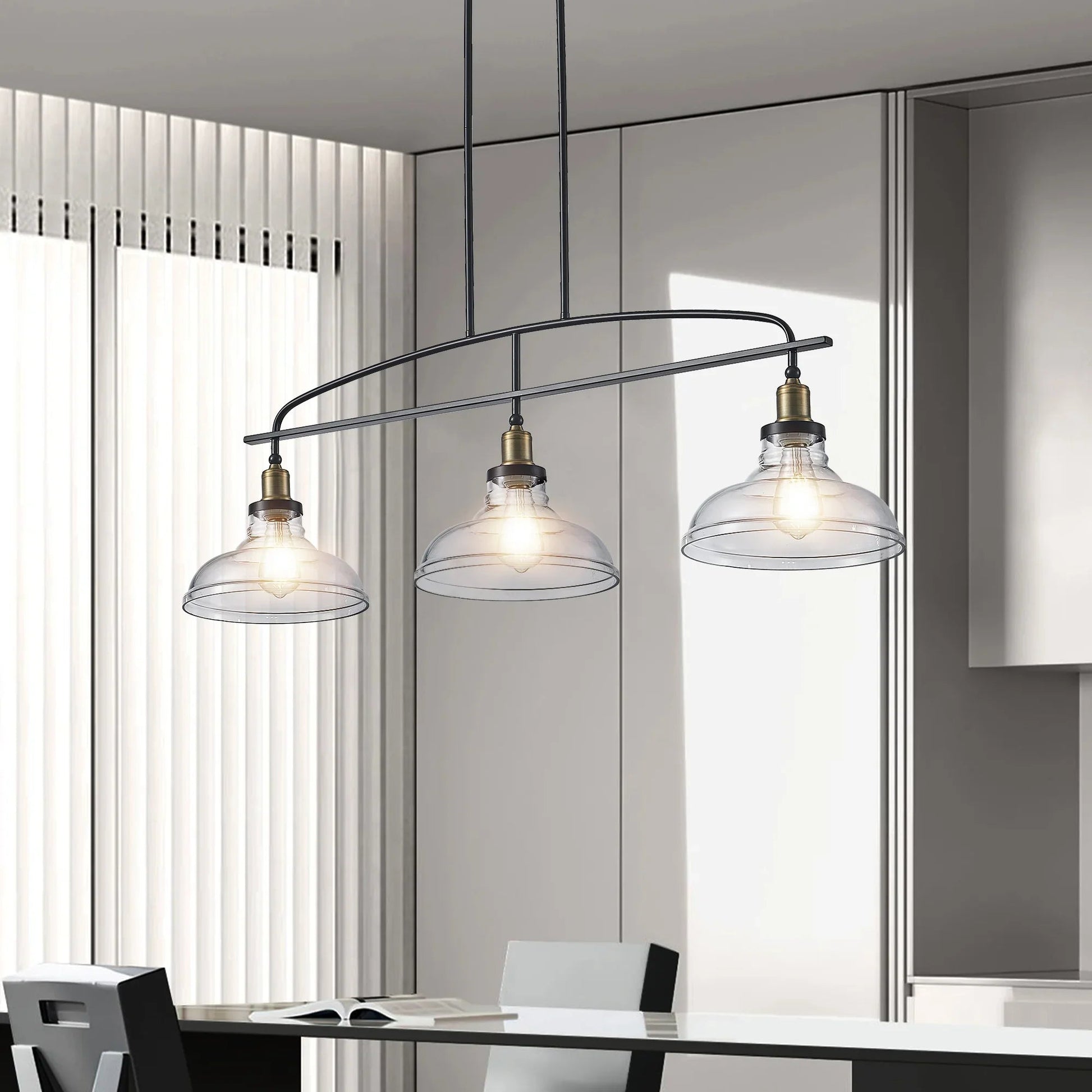45" Industrial 3-Light Pendant Chandelier | Black Metal & Clear Glass Farmhouse Ceiling Light — Adjustable Height, E26 Compatible