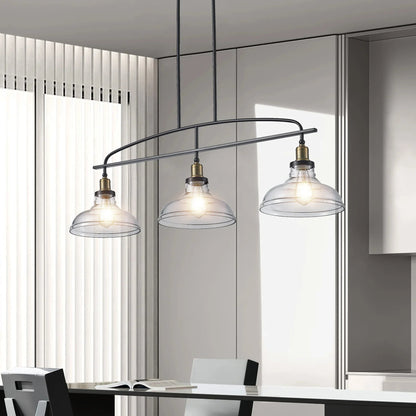 45" Industrial 3-Light Pendant Chandelier | Black Metal & Clear Glass Farmhouse Ceiling Light — Adjustable Height, E26 Compatible