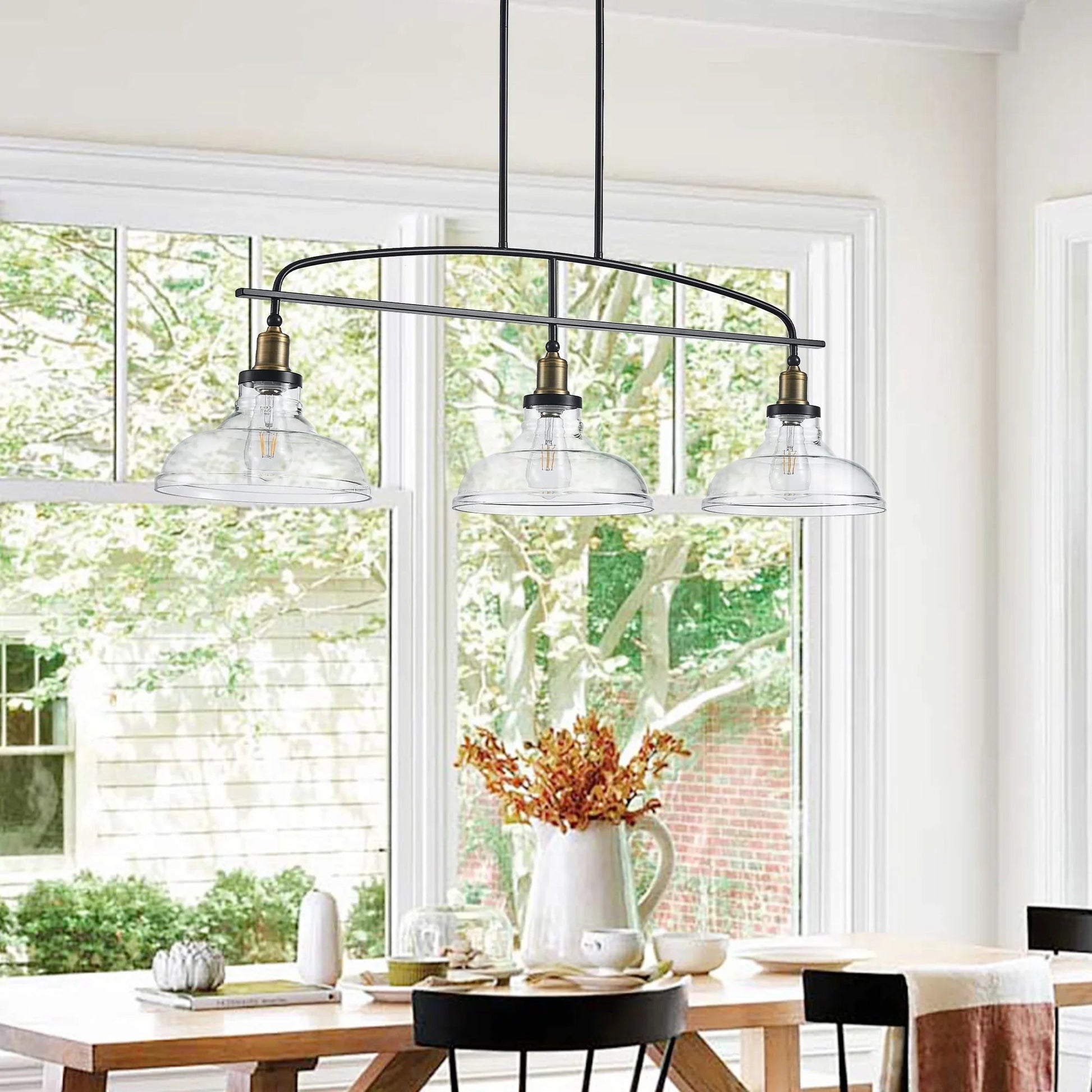 45" Industrial 3-Light Pendant Chandelier | Black Metal & Clear Glass Farmhouse Ceiling Light — Adjustable Height, E26 Compatible