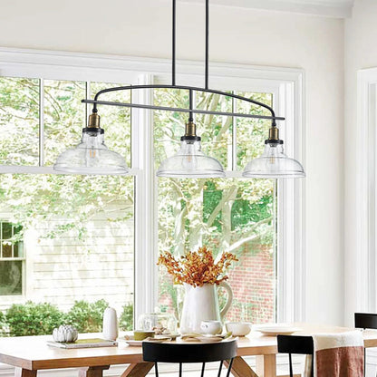 45" Industrial 3-Light Pendant Chandelier | Black Metal & Clear Glass Farmhouse Ceiling Light — Adjustable Height, E26 Compatible