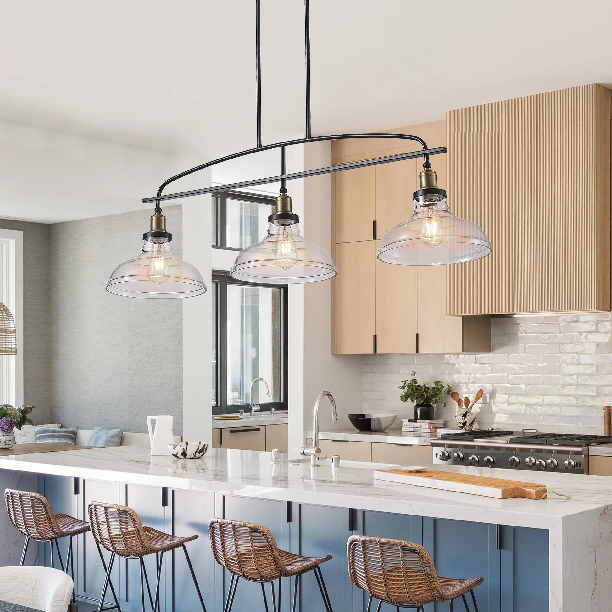 45" Industrial 3-Light Pendant Chandelier | Black Metal & Clear Glass Farmhouse Ceiling Light — Adjustable Height, E26 Compatible