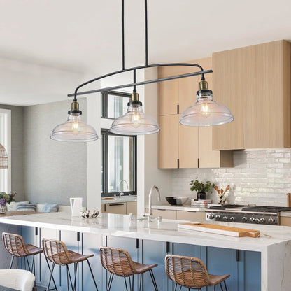 45" Industrial 3-Light Pendant Chandelier | Black Metal & Clear Glass Farmhouse Ceiling Light — Adjustable Height, E26 Compatible