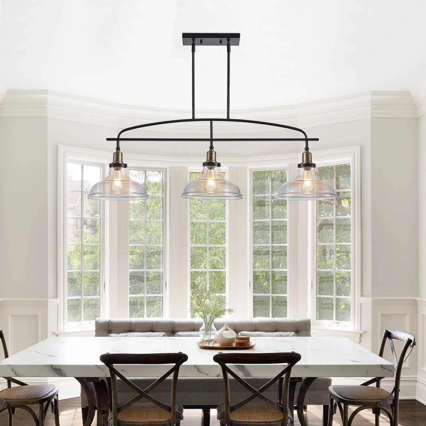 45" Industrial 3-Light Pendant Chandelier | Black Metal & Clear Glass Farmhouse Ceiling Light — Adjustable Height, E26 Compatible