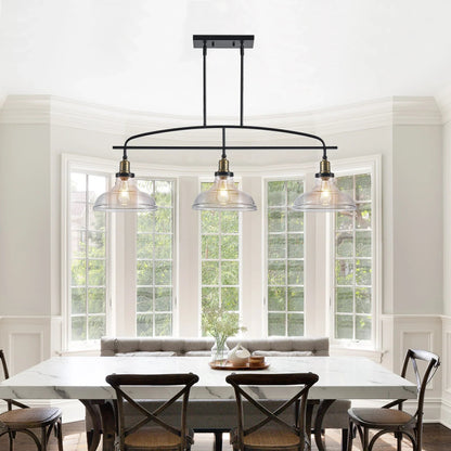 45" Industrial 3-Light Pendant Chandelier | Black Metal & Clear Glass Farmhouse Ceiling Light — Adjustable Height, E26 Compatible