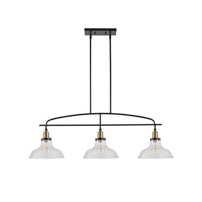 45" Industrial 3-Light Pendant Chandelier | Black Metal & Clear Glass Farmhouse Ceiling Light — Adjustable Height, E26 Compatible