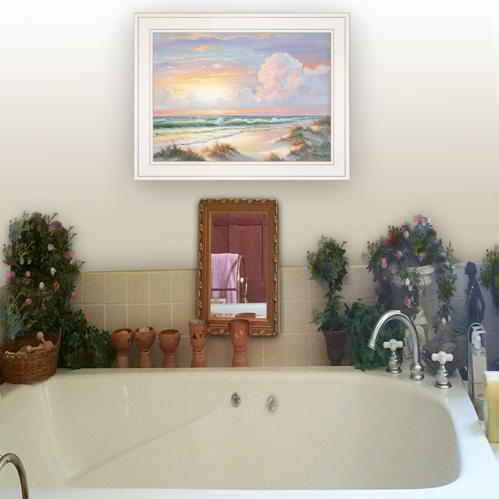 "Golden Sunset on Crystal Cove" Framed Wall Art by Georgia Janisse | Coastal Landscape Print, White Frame