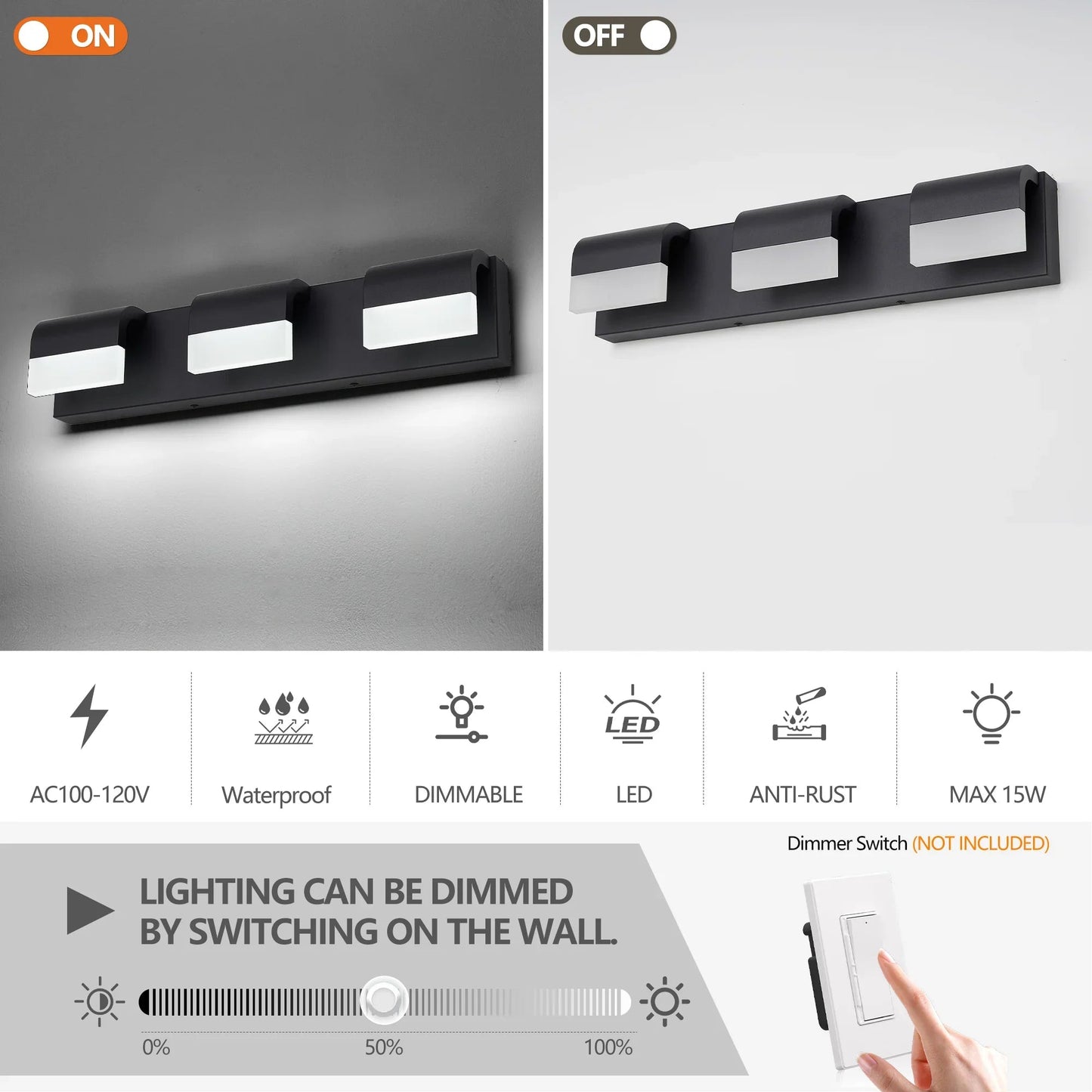 LED Vanity Light Fixture | 3/4/5/6-Light Dimmable Bathroom Wall Sconce with Acrylic Shade — Matte Black, 6000K Daylight