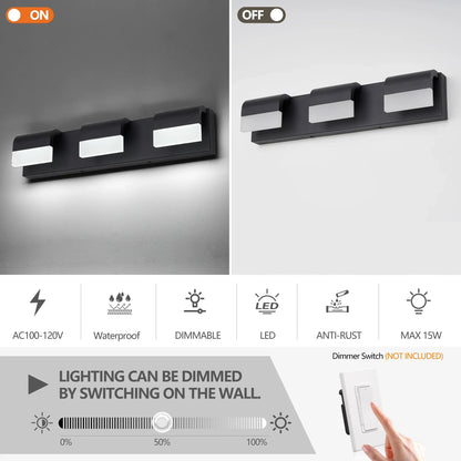 LED Vanity Light Fixture | 3/4/5/6-Light Dimmable Bathroom Wall Sconce with Acrylic Shade — Matte Black, 6000K Daylight