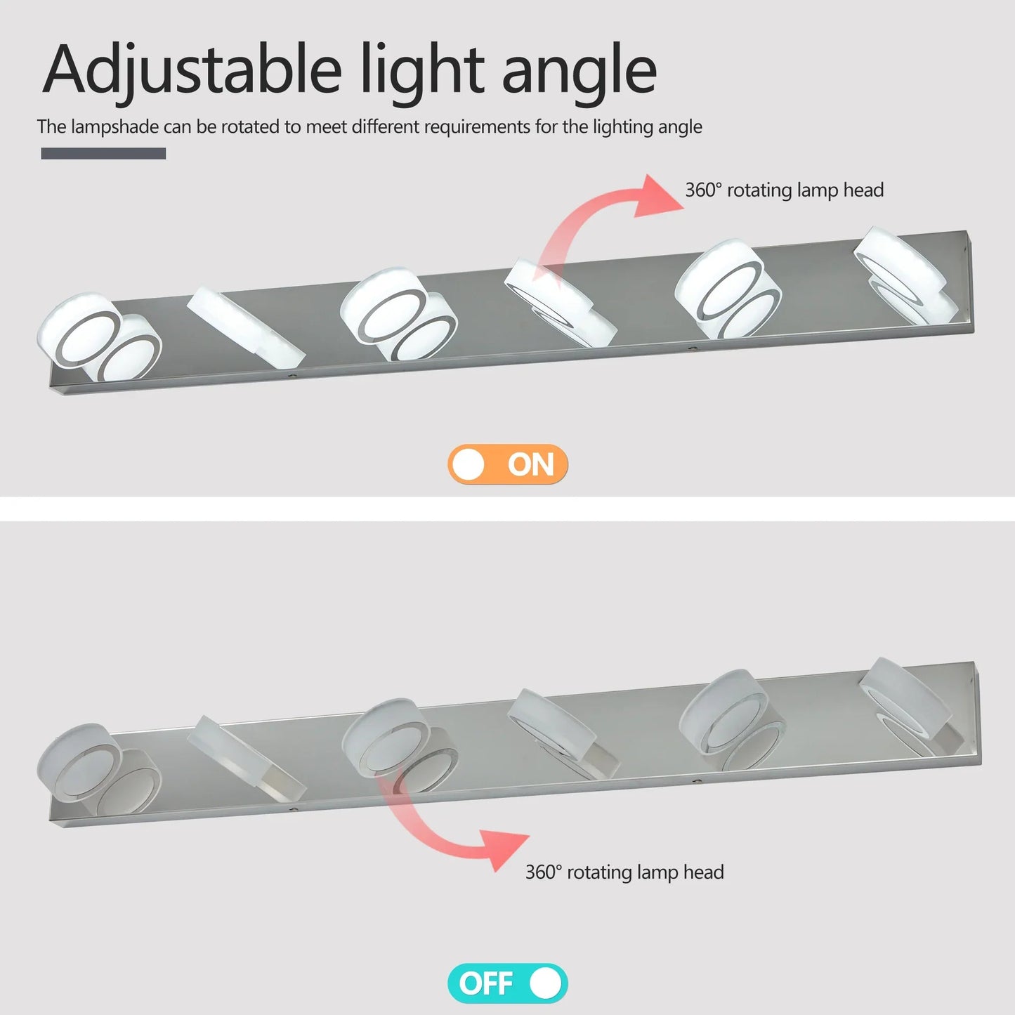 LED Vanity Light Fixture | 3/4/5/6/7-Light Chrome Bathroom Wall Sconce with 360° Rotatable Heads & Frosted Acrylic Shade — Dimmable, 36W