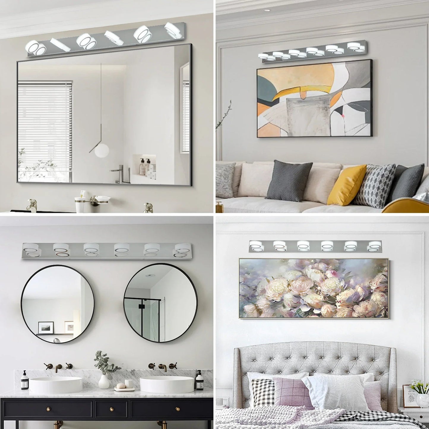 LED Vanity Light Fixture | 3/4/5/6/7-Light Chrome Bathroom Wall Sconce with 360° Rotatable Heads & Frosted Acrylic Shade — Dimmable, 36W
