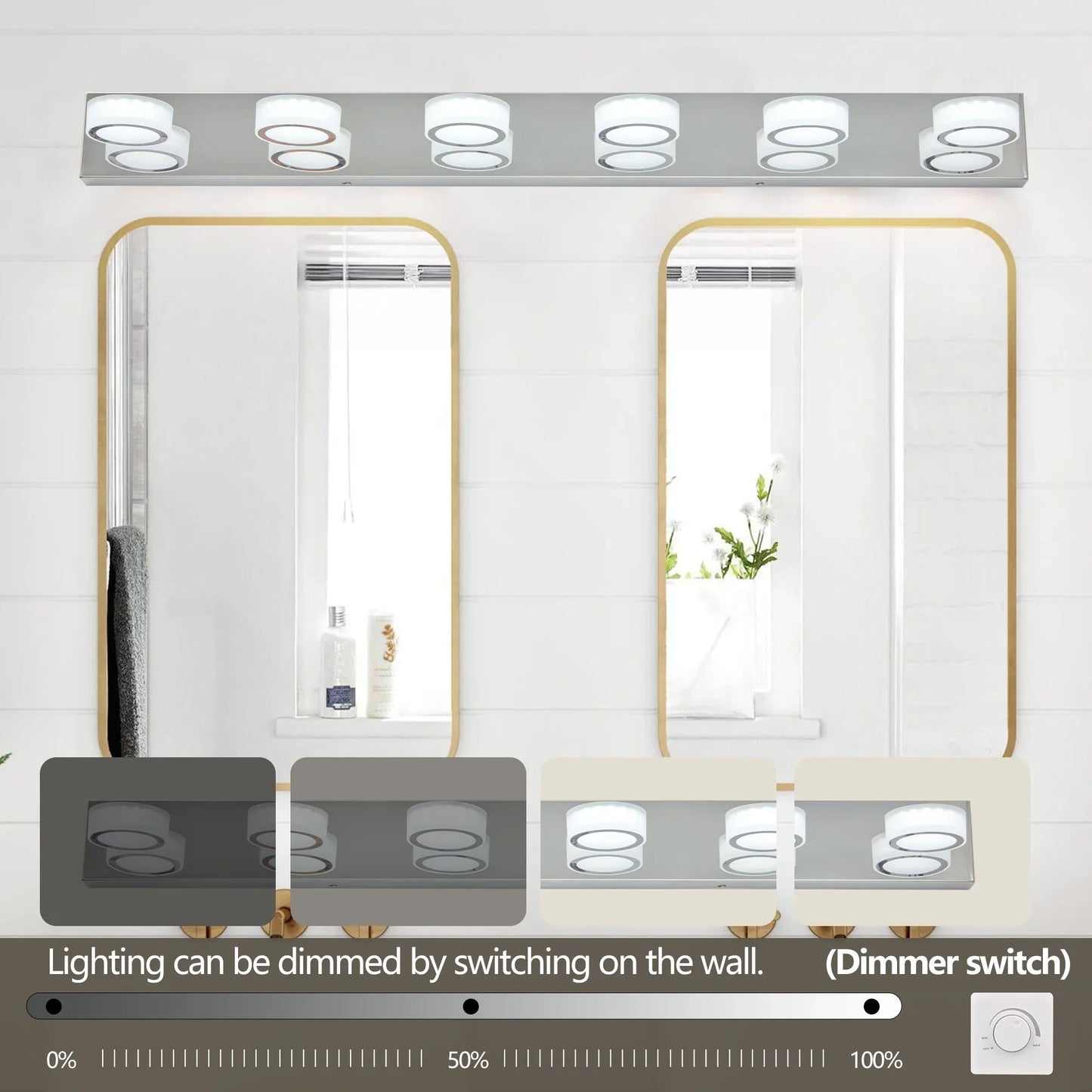LED Vanity Light Fixture | 3/4/5/6/7-Light Chrome Bathroom Wall Sconce with 360° Rotatable Heads & Frosted Acrylic Shade — Dimmable, 36W