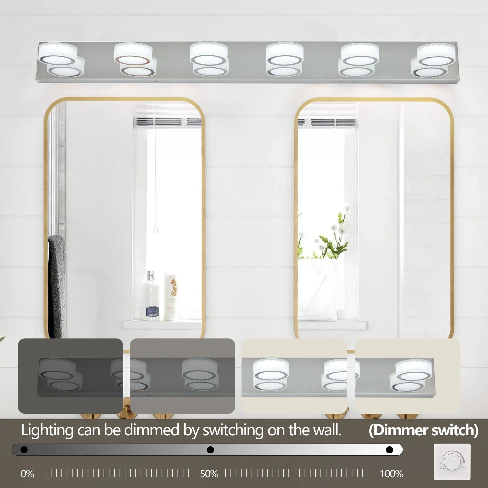 LED Vanity Light Fixture | 3/4/5/6/7-Light Chrome Bathroom Wall Sconce with 360° Rotatable Heads & Frosted Acrylic Shade — Dimmable, 36W
