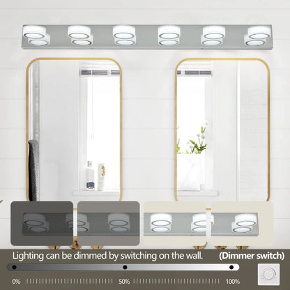 LED Vanity Light Fixture | 3/4/5/6/7-Light Chrome Bathroom Wall Sconce with 360° Rotatable Heads & Frosted Acrylic Shade — Dimmable, 36W