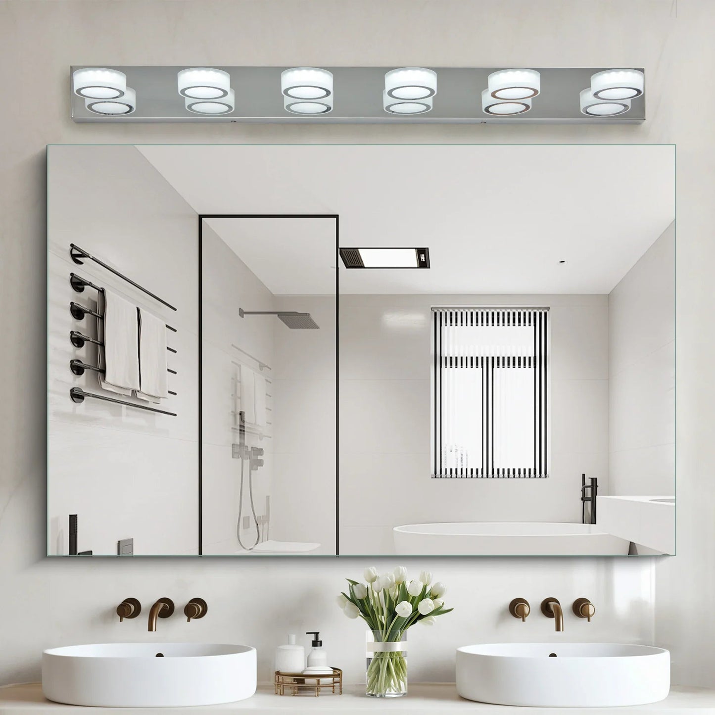 LED Vanity Light Fixture | 3/4/5/6/7-Light Chrome Bathroom Wall Sconce with 360° Rotatable Heads & Frosted Acrylic Shade — Dimmable, 36W