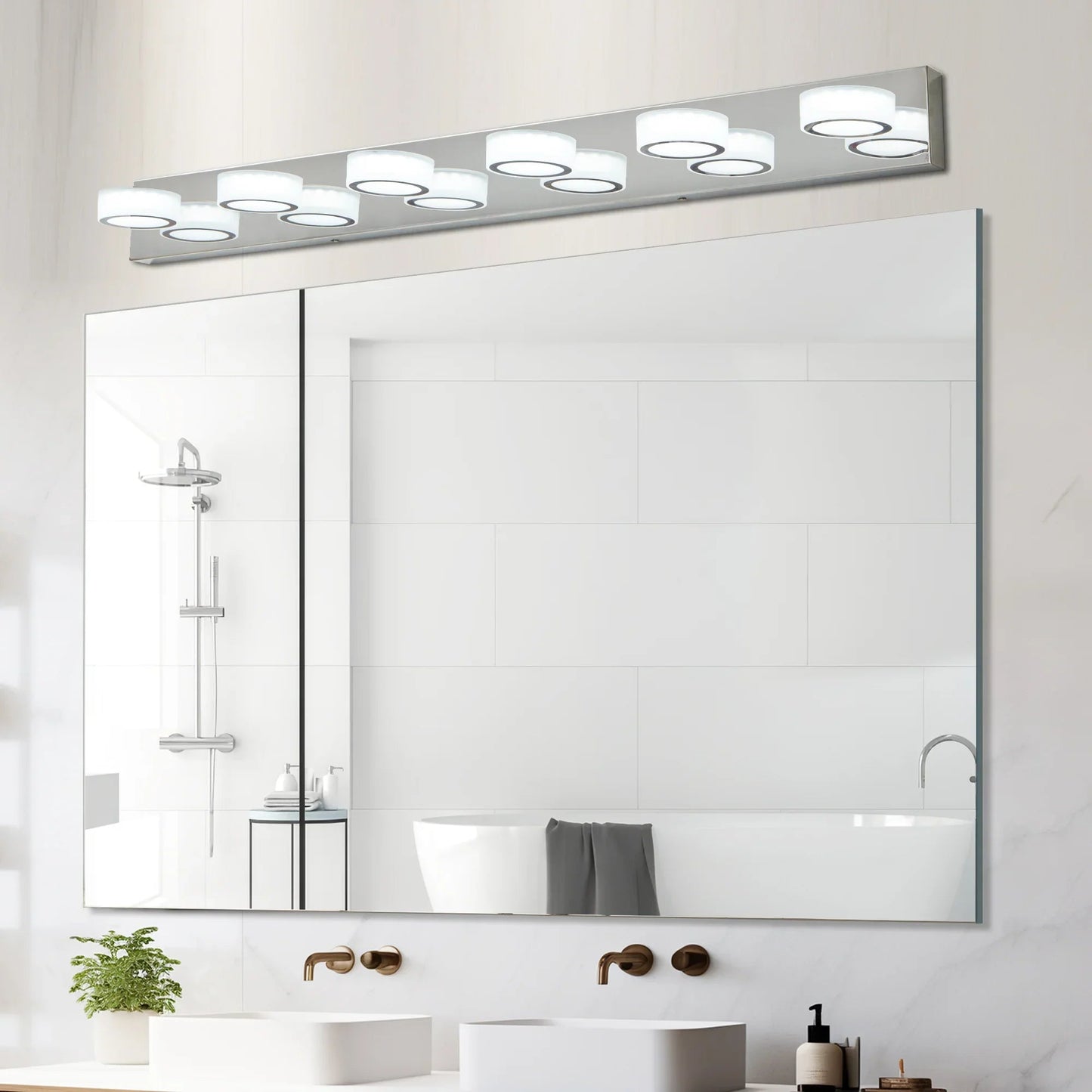 LED Vanity Light Fixture | 3/4/5/6/7-Light Chrome Bathroom Wall Sconce with 360° Rotatable Heads & Frosted Acrylic Shade — Dimmable, 36W 6-light