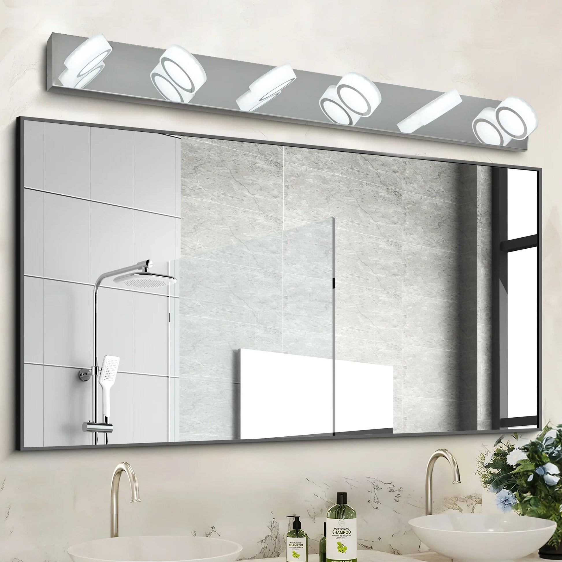 LED Vanity Light Fixture | 3/4/5/6/7-Light Chrome Bathroom Wall Sconce with 360° Rotatable Heads & Frosted Acrylic Shade — Dimmable, 36W