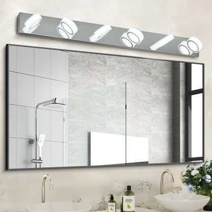 LED Vanity Light Fixture | 3/4/5/6/7-Light Chrome Bathroom Wall Sconce with 360° Rotatable Heads & Frosted Acrylic Shade — Dimmable, 36W