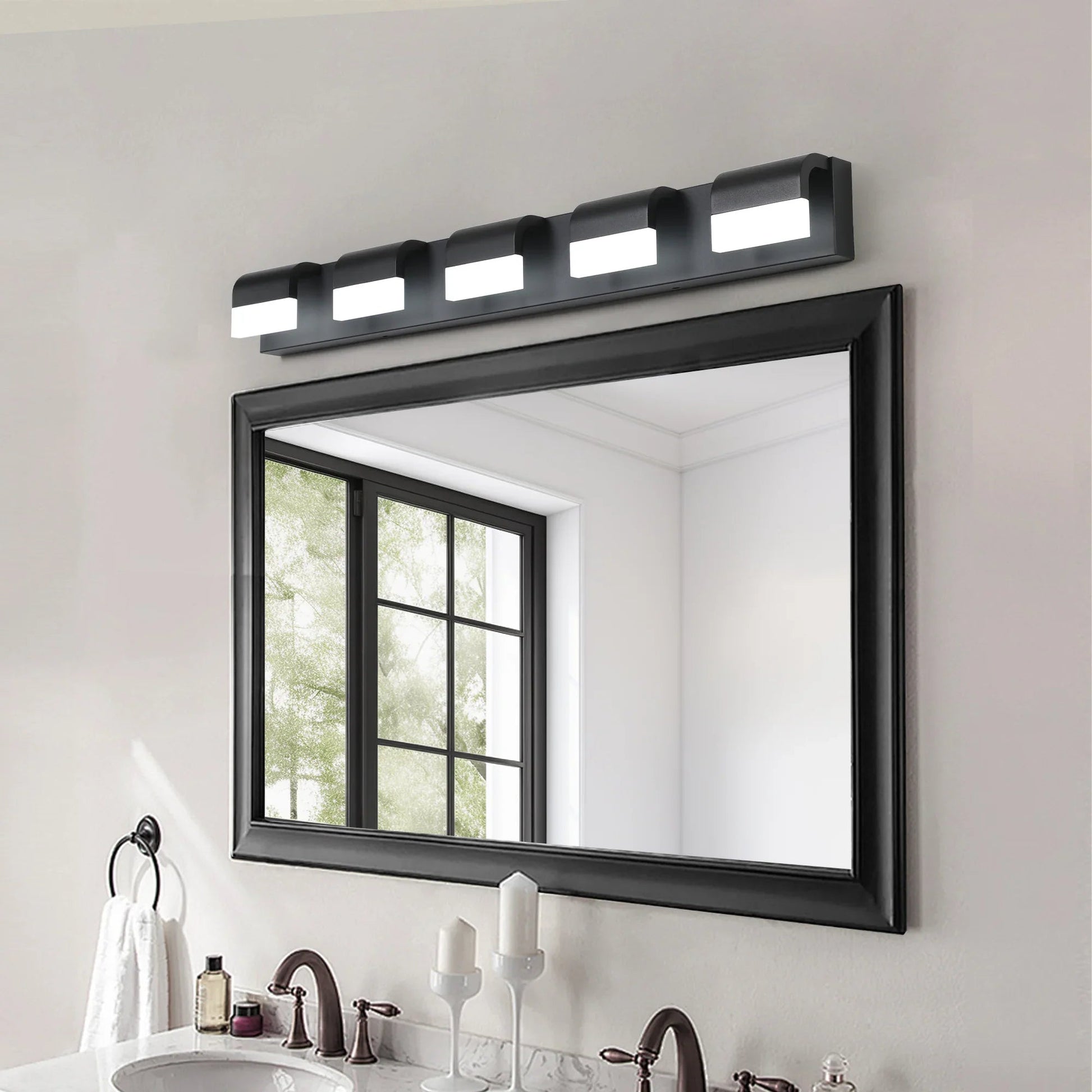 LED Vanity Light Fixture | 3/4/5/6-Light Dimmable Bathroom Wall Sconce with Acrylic Shade — Matte Black, 6000K Daylight 5-light