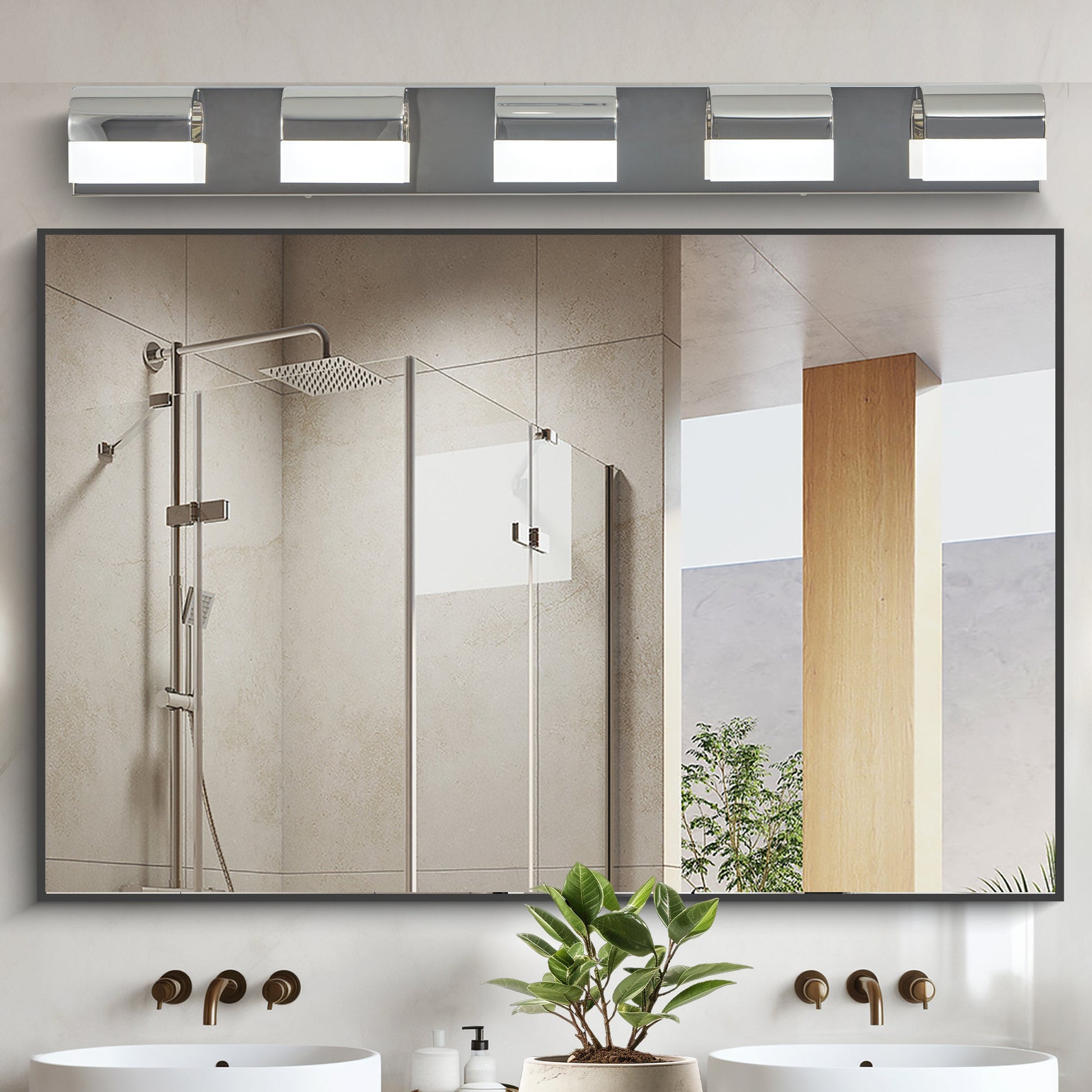 LED Bathroom Vanity Light | 3/4/5/6-Light Chrome Stainless Steel Wall Sconce with Acrylic Shade — Over Mirror, Moisture-Proof 5-light
