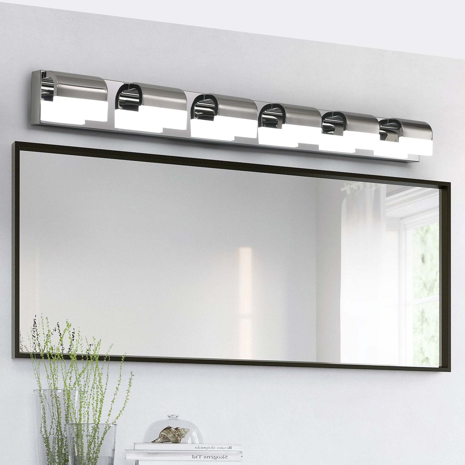 LED Bathroom Vanity Light | 3/4/5/6-Light Chrome Stainless Steel Wall Sconce with Acrylic Shade — Over Mirror, Moisture-Proof 6-light