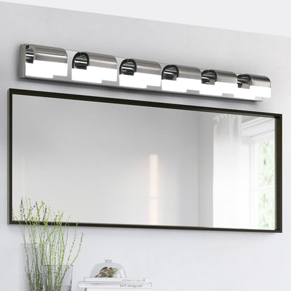 LED Bathroom Vanity Light | 3/4/5/6-Light Chrome Stainless Steel Wall Sconce with Acrylic Shade — Over Mirror, Moisture-Proof 6-light