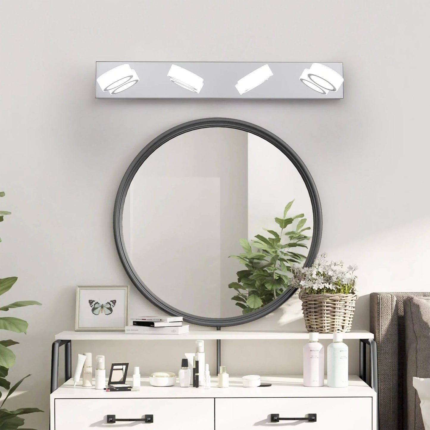LED Vanity Light Fixture | 3/4/5/6/7-Light Chrome Bathroom Wall Sconce with 360° Rotatable Heads & Frosted Acrylic Shade — Dimmable, 36W 4-light