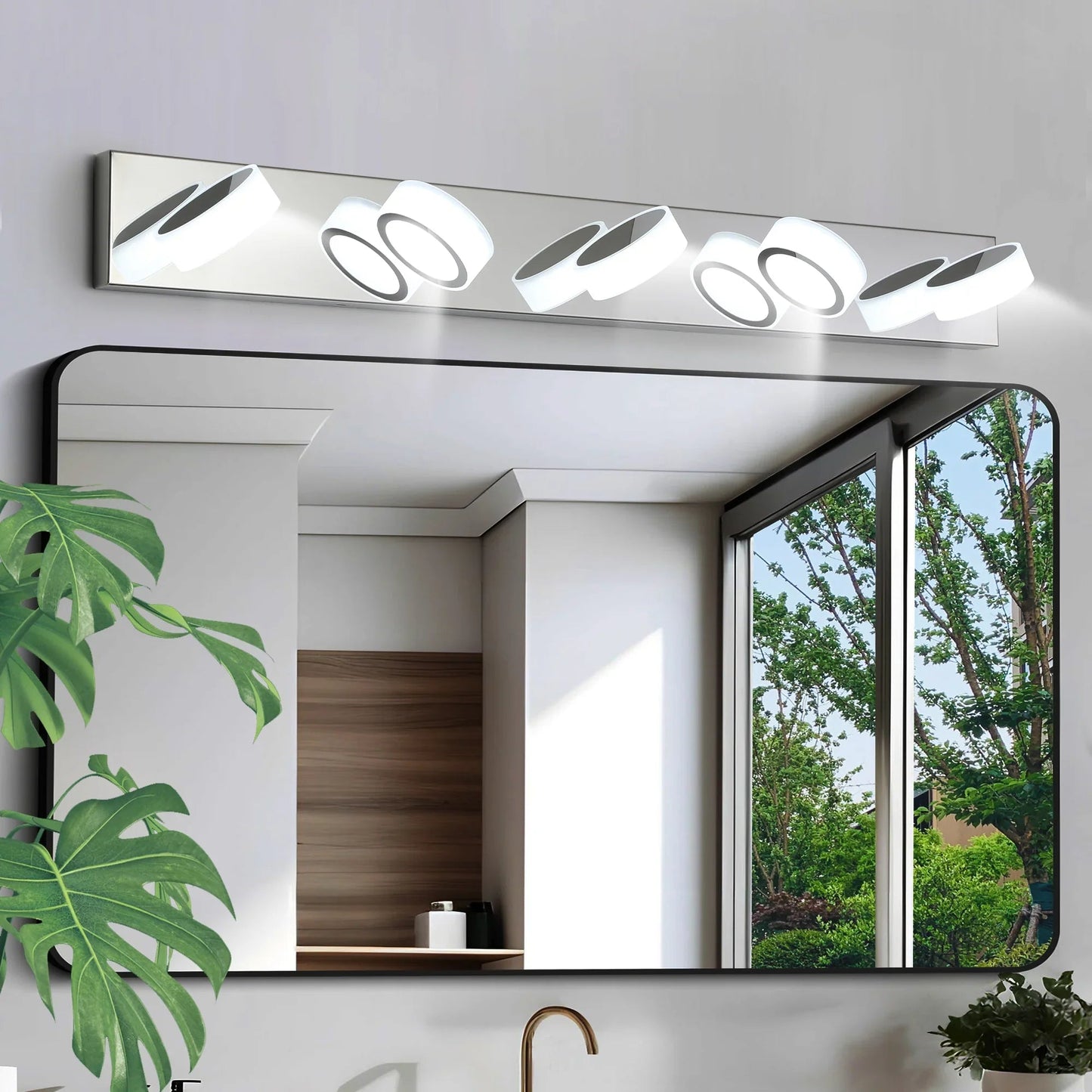 LED Vanity Light Fixture | 3/4/5/6/7-Light Chrome Bathroom Wall Sconce with 360° Rotatable Heads & Frosted Acrylic Shade — Dimmable, 36W 5-light