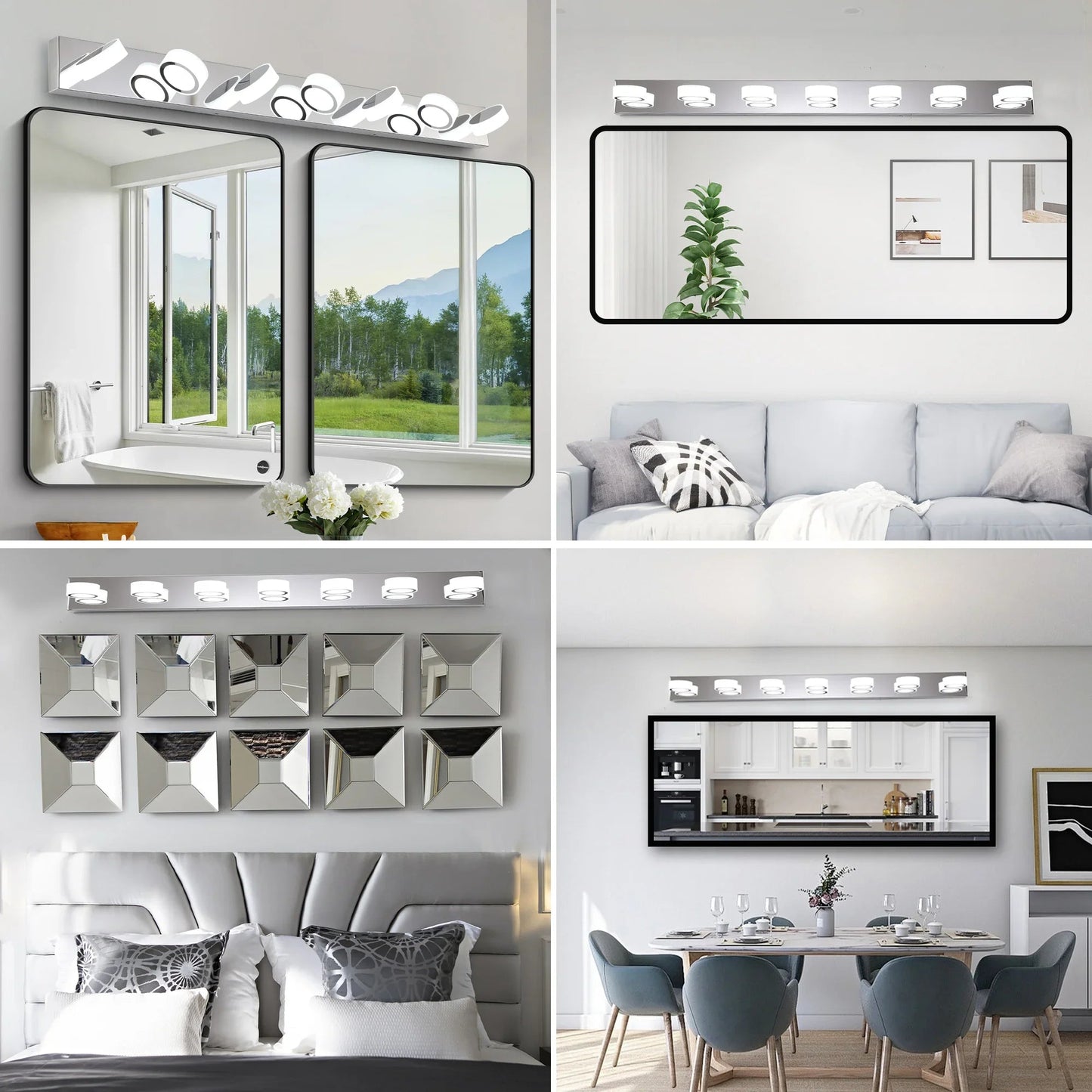 LED Vanity Light Fixture | 3/4/5/6/7-Light Chrome Bathroom Wall Sconce with 360° Rotatable Heads & Frosted Acrylic Shade — Dimmable, 36W