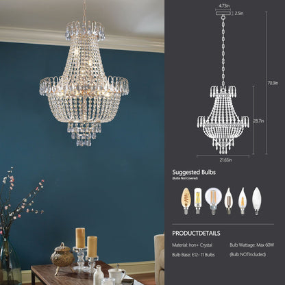 21.7" Large K9 Crystal Chandelier | 10-Light Gold Luxury Pendant with Adjustable Height 40"–71" — Living Room, Foyer & Staircase