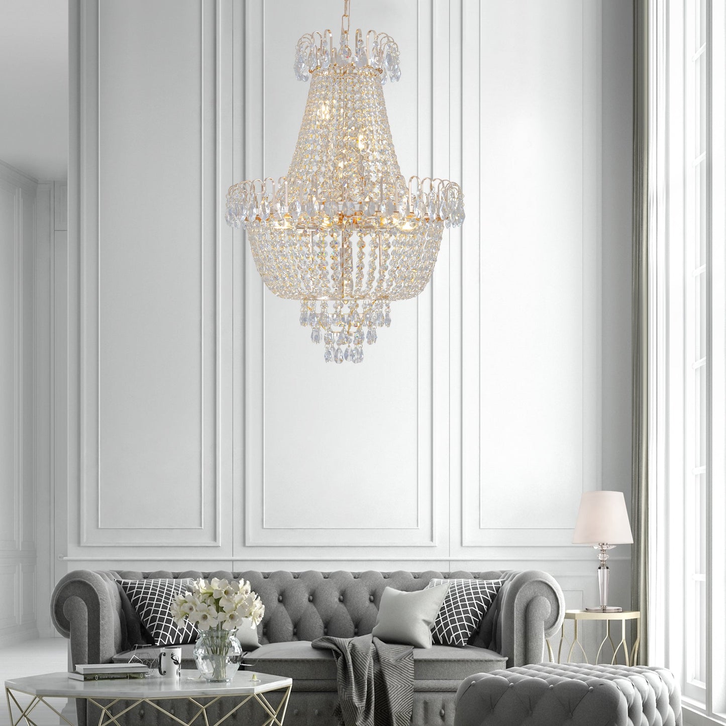 21.7" Large K9 Crystal Chandelier | 10-Light Gold Luxury Pendant with Adjustable Height 40"–71" — Living Room, Foyer & Staircase