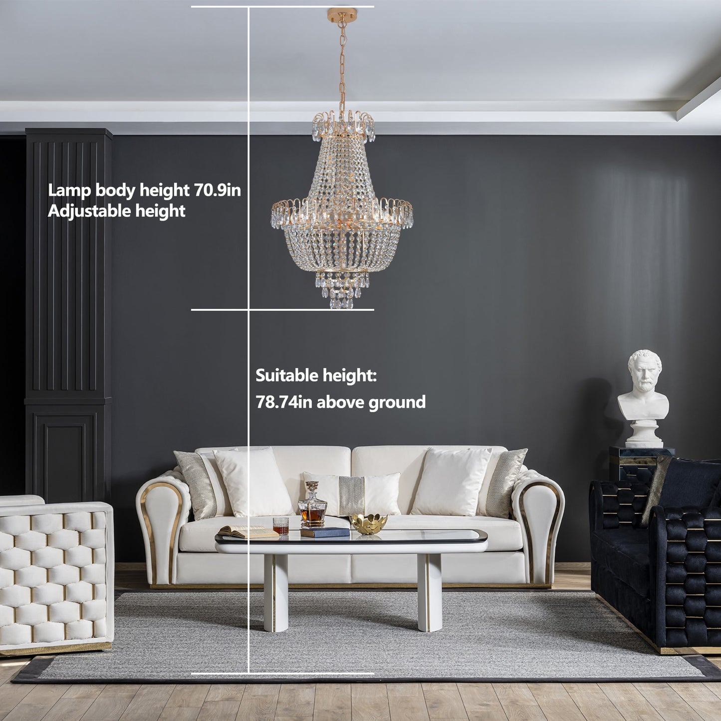 21.7" Large K9 Crystal Chandelier | 10-Light Gold Luxury Pendant with Adjustable Height 40"–71" — Living Room, Foyer & Staircase