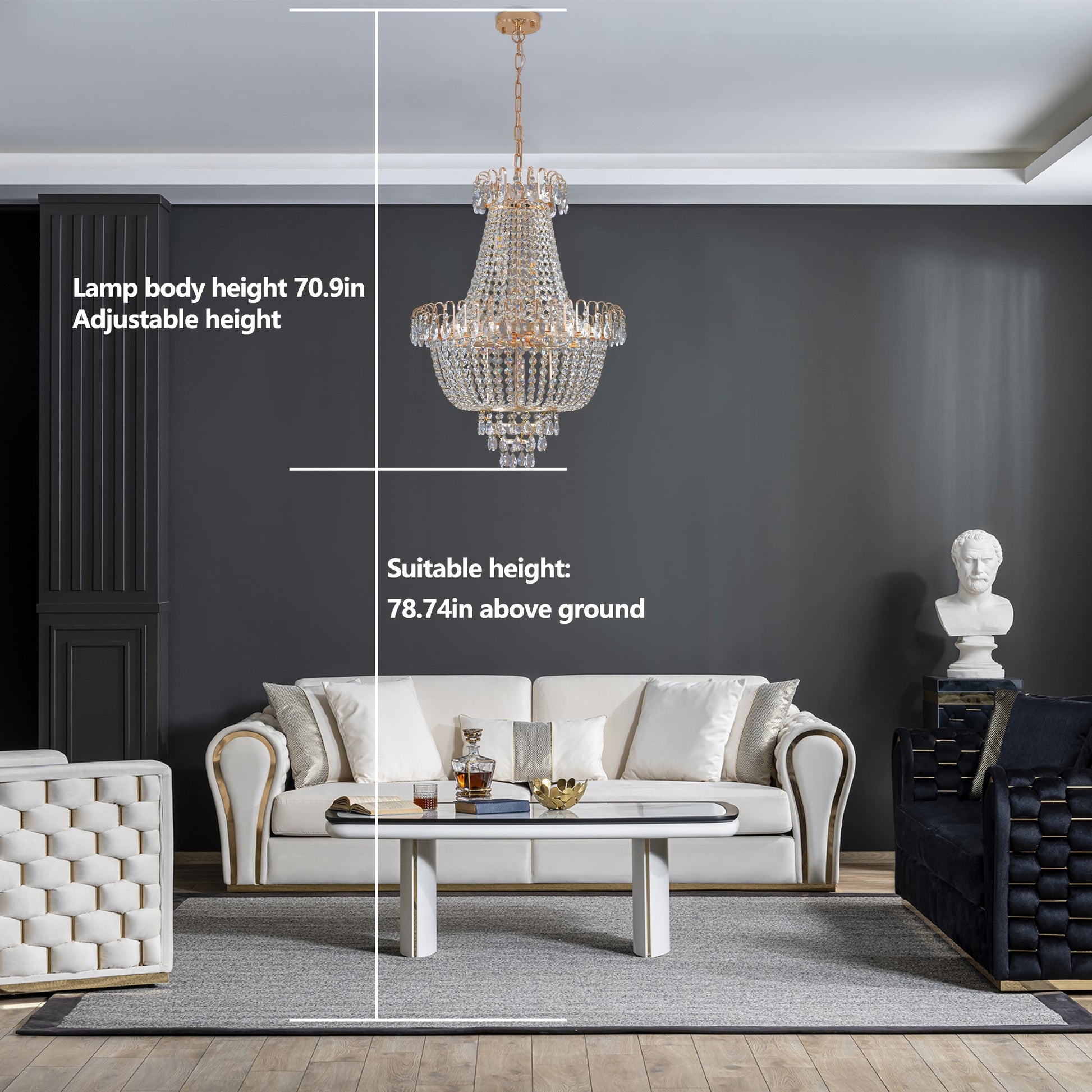 21.7" Large K9 Crystal Chandelier | 10-Light Gold Luxury Pendant with Adjustable Height 40"–71" — Living Room, Foyer & Staircase