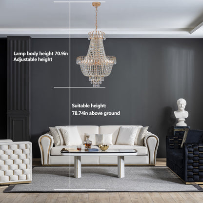 21.7" Large K9 Crystal Chandelier | 10-Light Gold Luxury Pendant with Adjustable Height 40"–71" — Living Room, Foyer & Staircase
