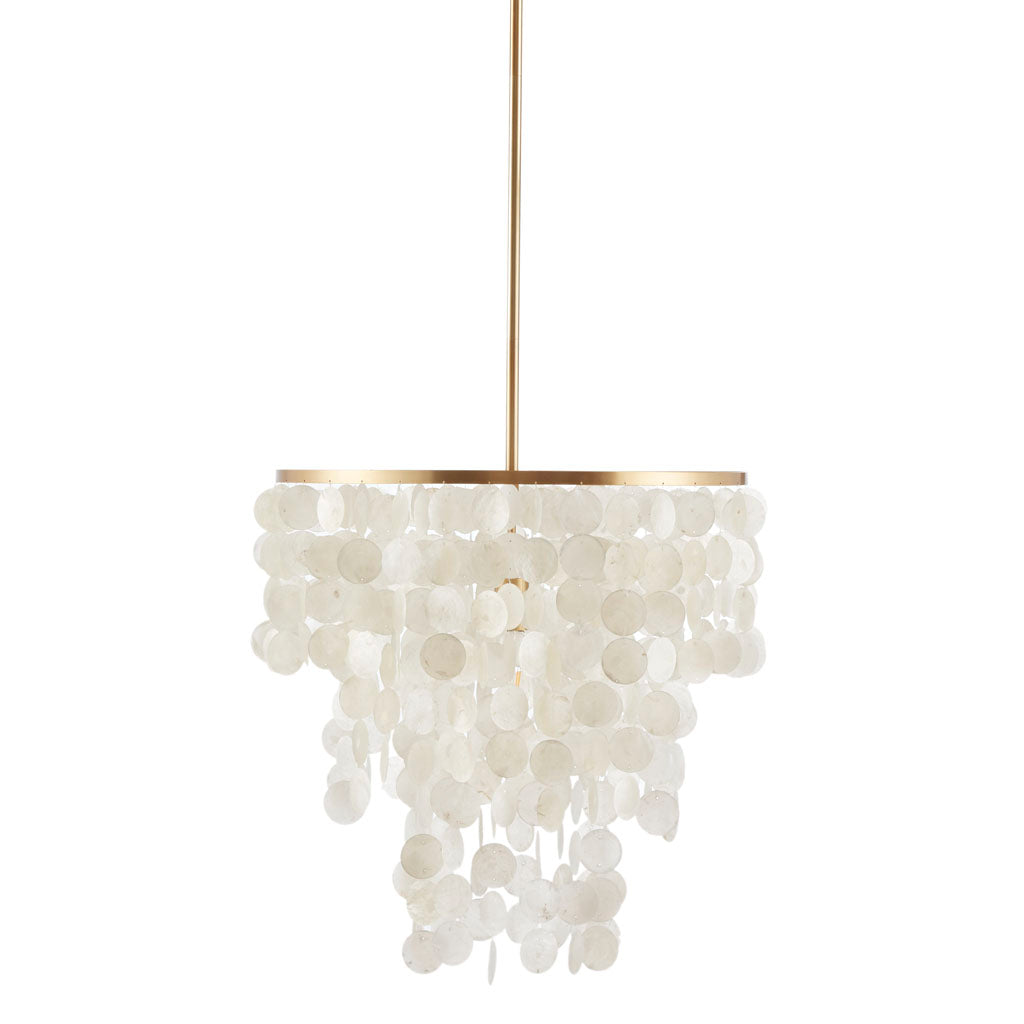 Layered Capiz Shell Chandelier | Coastal Pendant Light with Gold Base — 21" Wide, Dimmable, Dining Room, Living Room & Foyer