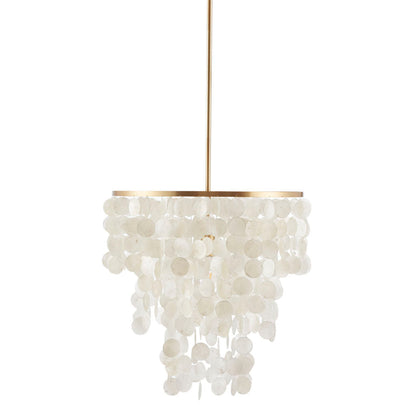Layered Capiz Shell Chandelier | Coastal Pendant Light with Gold Base — 21" Wide, Dimmable, Dining Room, Living Room & Foyer