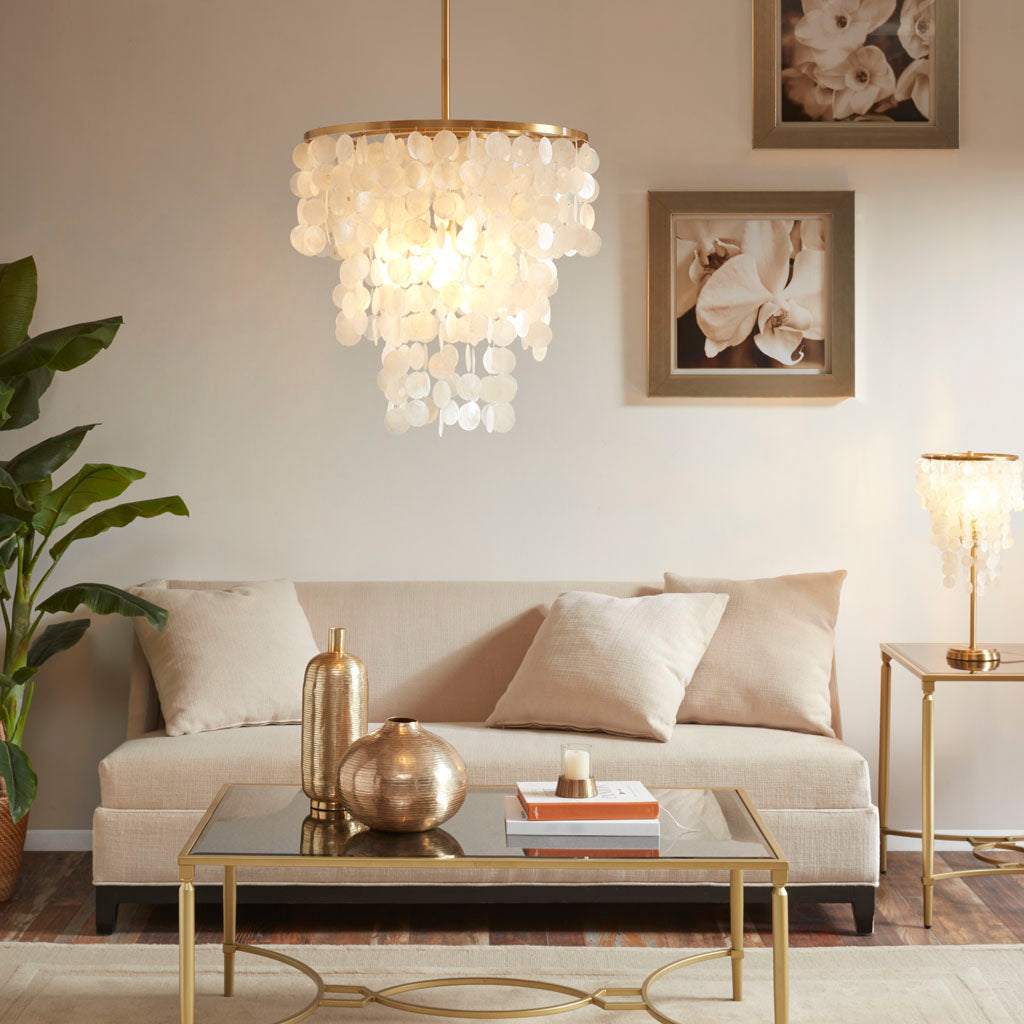 Layered Capiz Shell Chandelier | Coastal Pendant Light with Gold Base — 21" Wide, Dimmable, Dining Room, Living Room & Foyer