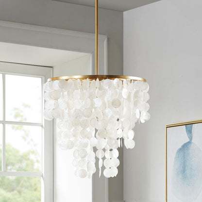 Layered Capiz Shell Chandelier | Coastal Pendant Light with Gold Base — 21" Wide, Dimmable, Dining Room, Living Room & Foyer