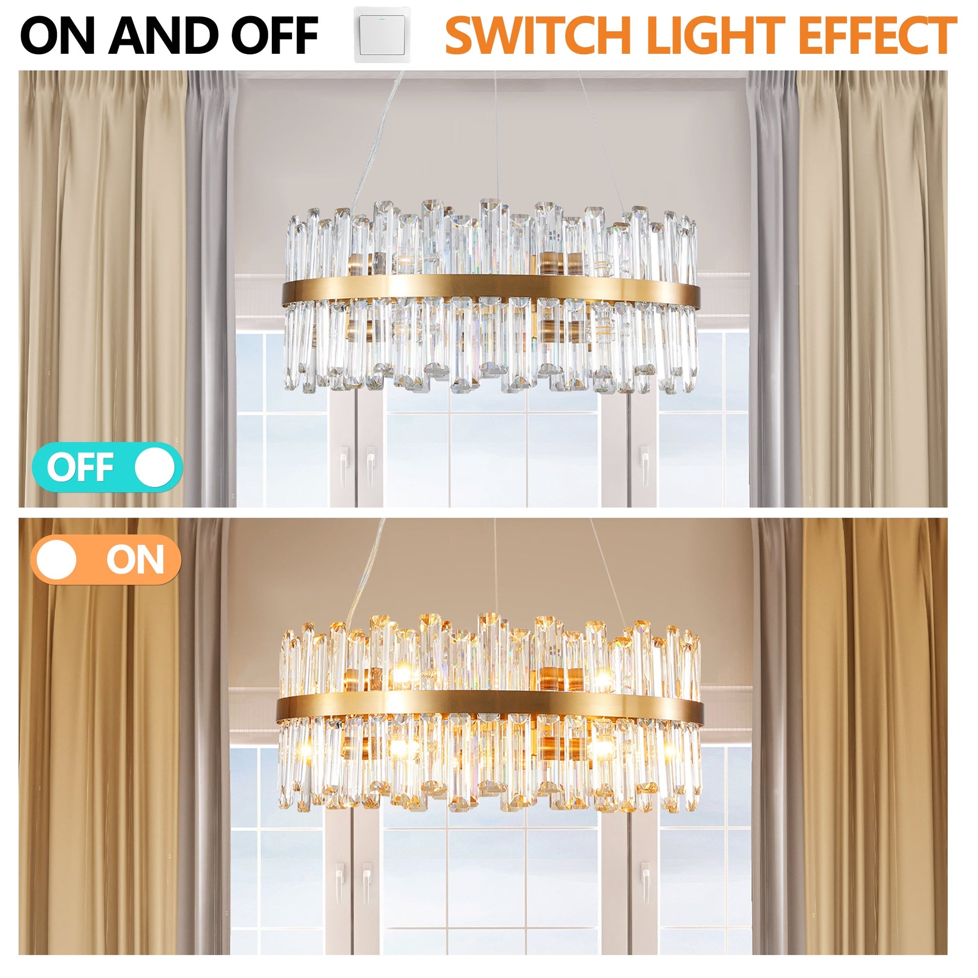 23.6" Modern K9 Crystal Chandelier | Built-In LED, 3 Color Temperatures, App & Remote Control — Gold, Dining Room & Living Room